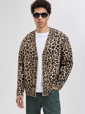 Mode of One (Macy's) Leopard Animal Print Men's Cardigan Sweater - SZ L NEW